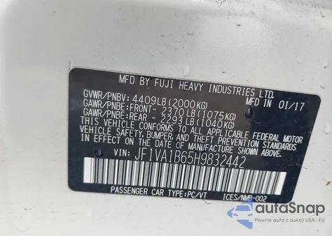 2017 Subaru Wrx from USA, damaged, VIN JF1VA1B65H9832442